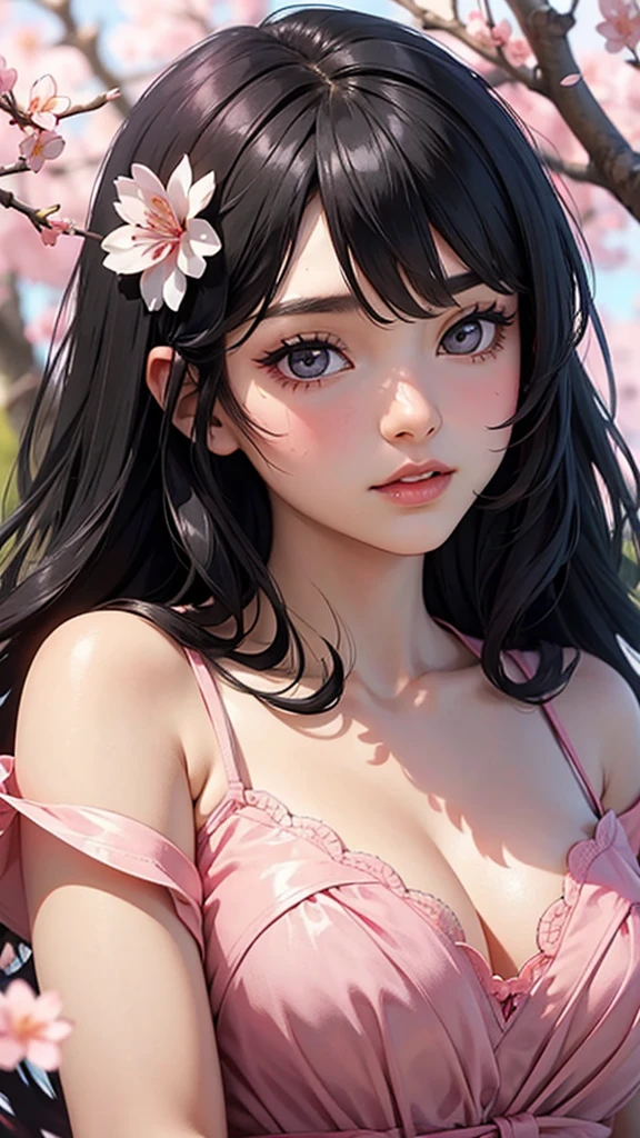 A beautiful black-haired woman transformed into a cherry blossom fairy