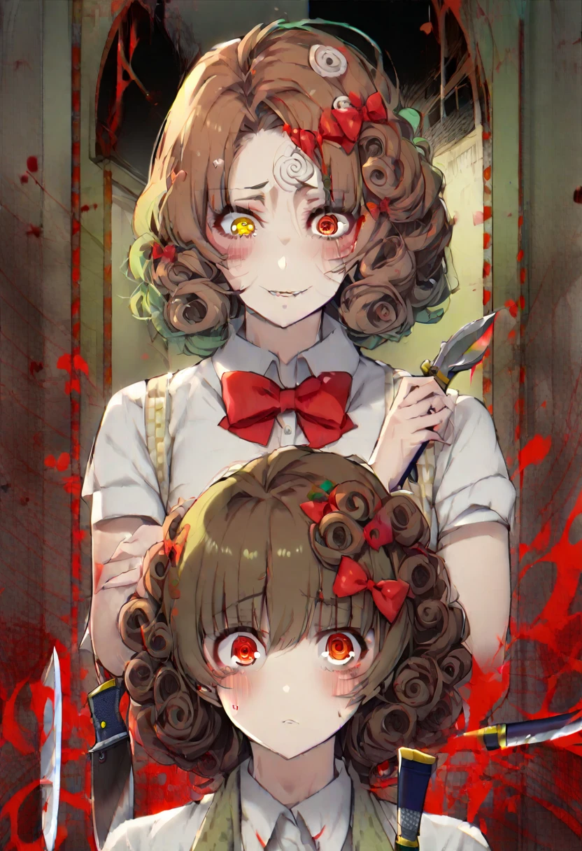 2 girl, girl (brown hair, orange eyes, red bow on hair, short hair, yandere, knife, beautiful, mature), girl (curly hair, long hair, yellow eyes, green hair)