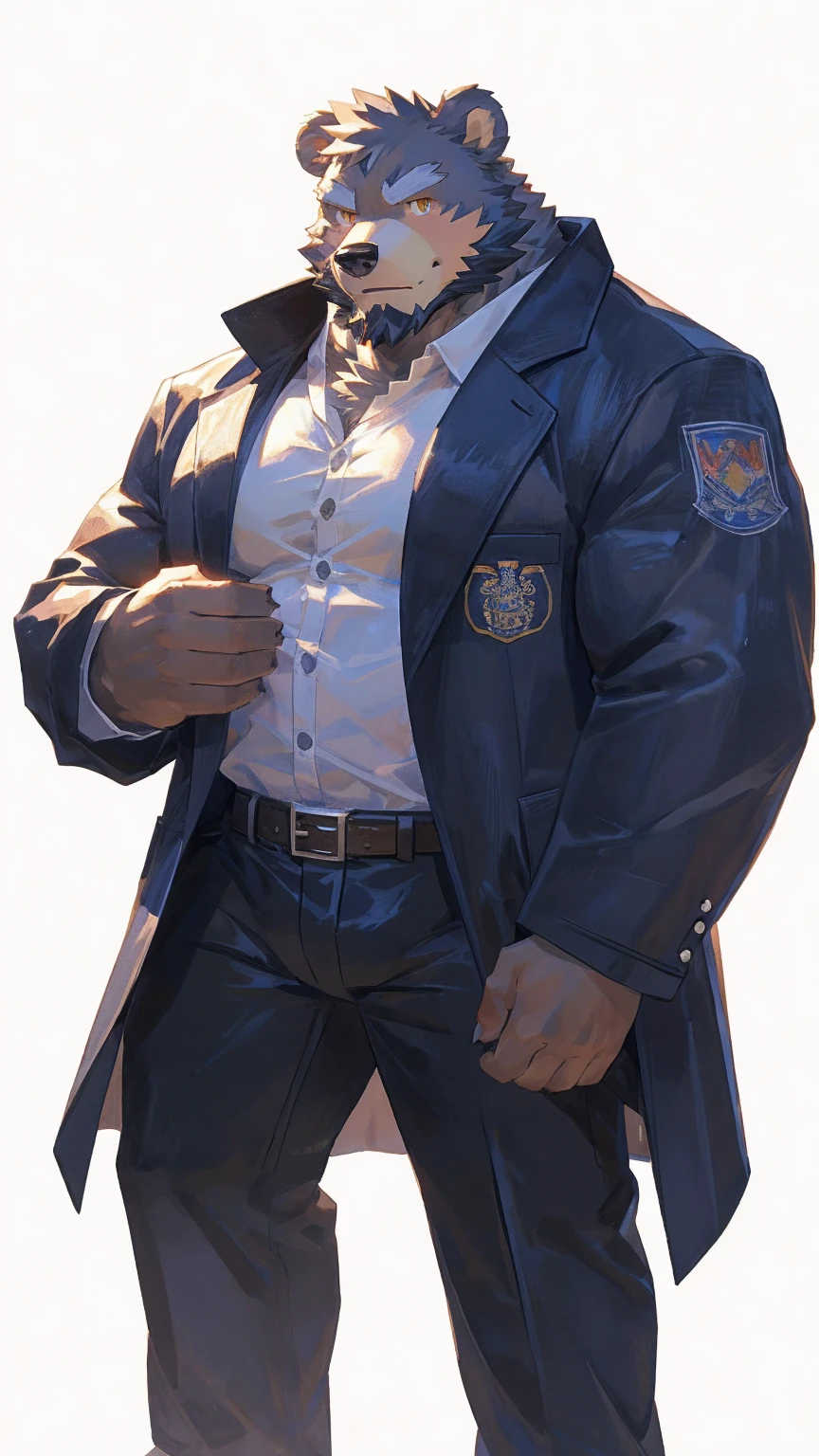 (masterpiece:1.2), best quality,pixiv,official art,perfect anatomy, (Ray tracing, light),solo, (1_male:1.3) , (muscle), (grey fur:1.4), (muscle bear), (beard:1.2), (gleaming golden eyes), bear tail, Thick eyebrows,(open trench coat), jeans, (black pants:1.2), (pure white background: 1.3)