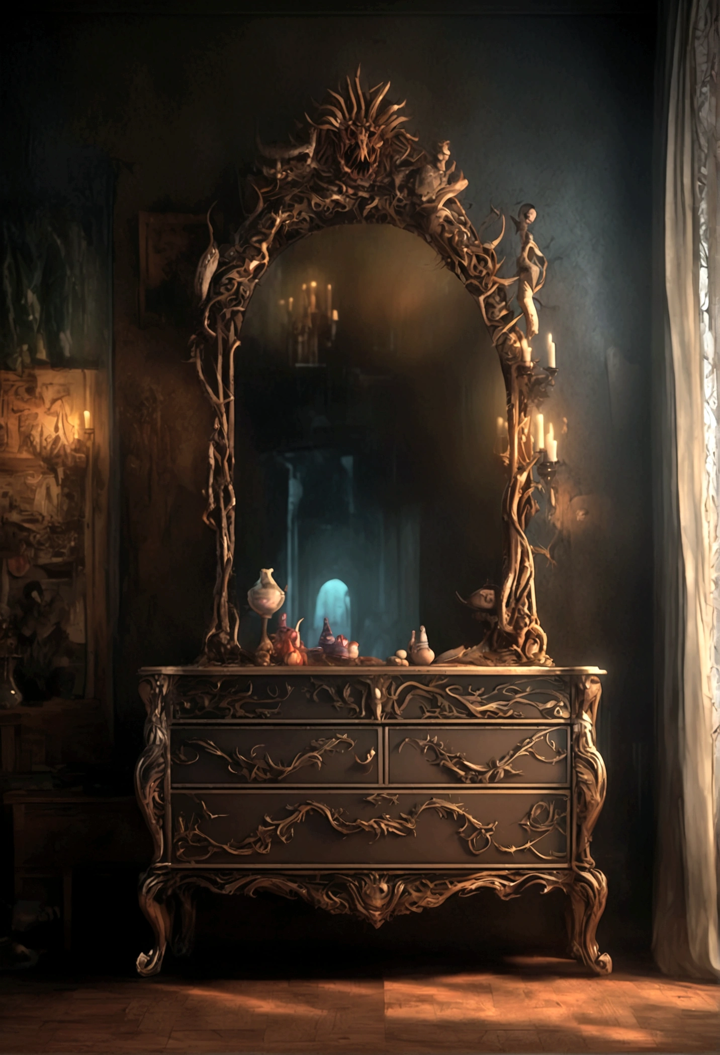 A mimic disguised as a dresser with mirror, monstrous features, licking giant maw, anticipating a meal, fantasy bedroom, (best quality,8k,highres,masterpiece:1.2),ultra-detailed,(realistic,photorealistic,photo-realistic:1.37),fantasy,horror,surreal,cinematic lighting,dark moody colors,dramatic shadows,intricate details,ornate dresser,distorted proportions,unsettling atmosphere,eerie presence,dreamlike,visceral,unnerving