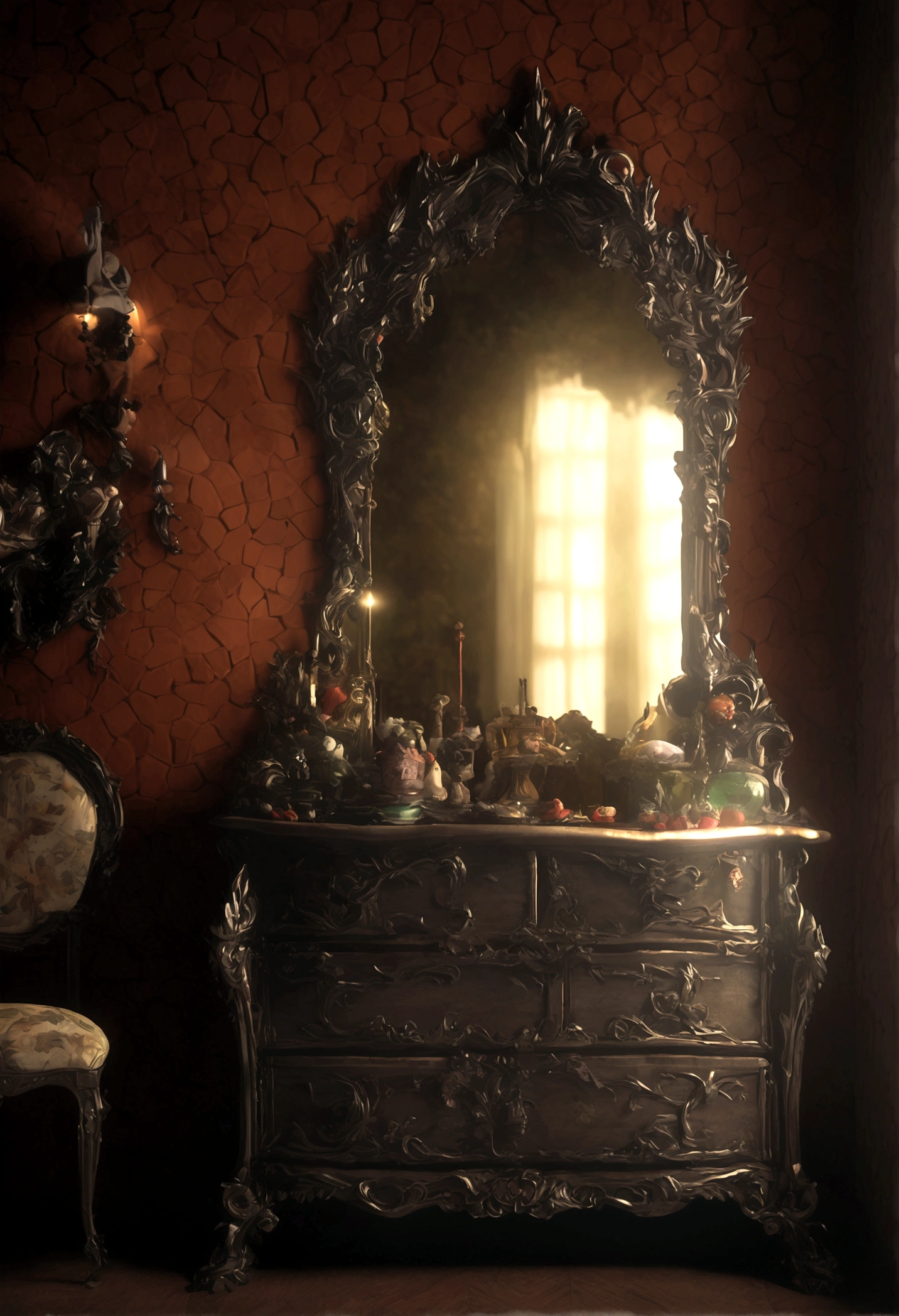 A mimic disguised as a dresser with mirror, monstrous features, licking giant maw, anticipating a meal, fantasy bedroom, (best quality,8k,highres,masterpiece:1.2),ultra-detailed,(realistic,photorealistic,photo-realistic:1.37),fantasy,horror,surreal,cinematic lighting,dark moody colors,dramatic shadows,intricate details,ornate dresser,distorted proportions,unsettling atmosphere,eerie presence,dreamlike,visceral,unnerving
