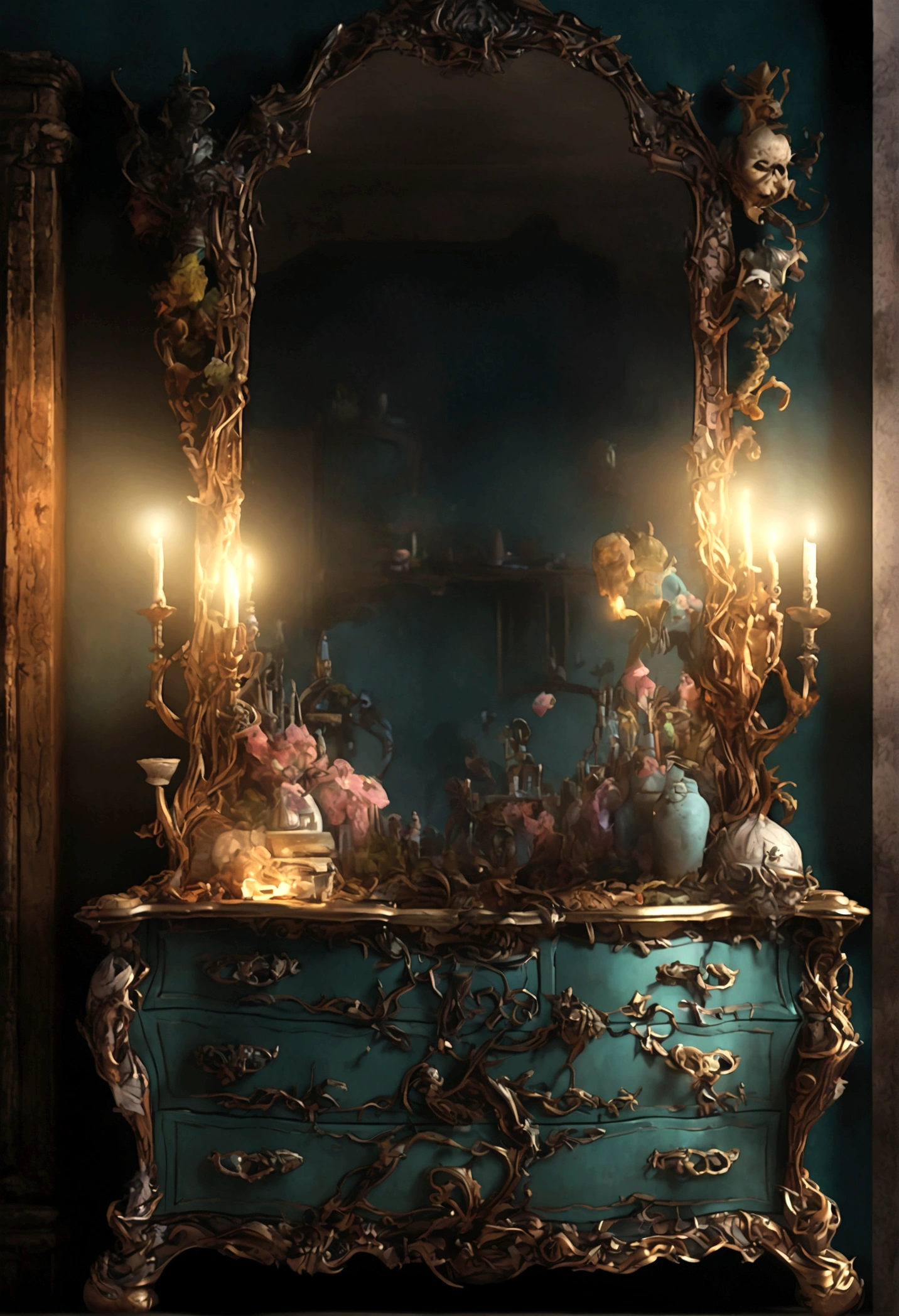 A mimic disguised as a dresser with mirror, monstrous features, licking giant maw, anticipating a meal, fantasy bedroom, (best quality,8k,highres,masterpiece:1.2),ultra-detailed,(realistic,photorealistic,photo-realistic:1.37),fantasy,horror,surreal,cinematic lighting,dark moody colors,dramatic shadows,intricate details,ornate dresser,distorted proportions,unsettling atmosphere,eerie presence,dreamlike,visceral,unnerving