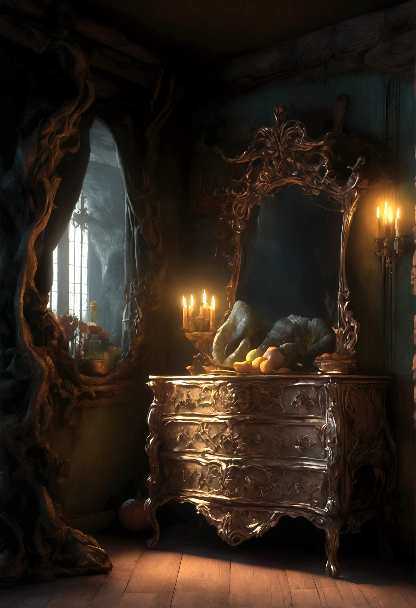 A mimic disguised as a dresser with mirror, monstrous features, licking giant maw, anticipating a meal, fantasy bedroom, (best quality,8k,highres,masterpiece:1.2),ultra-detailed,(realistic,photorealistic,photo-realistic:1.37),fantasy,horror,surreal,cinematic lighting,dark moody colors,dramatic shadows,intricate details,ornate dresser,distorted proportions,unsettling atmosphere,eerie presence,dreamlike,visceral,unnerving