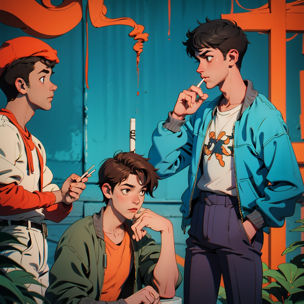 A boy gives a cigarette to another boy
