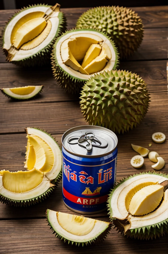 A can of Cambodia Lite beer sits on a wooden table next to the remains of a durian fruit that has been opened and partially eaten. 
