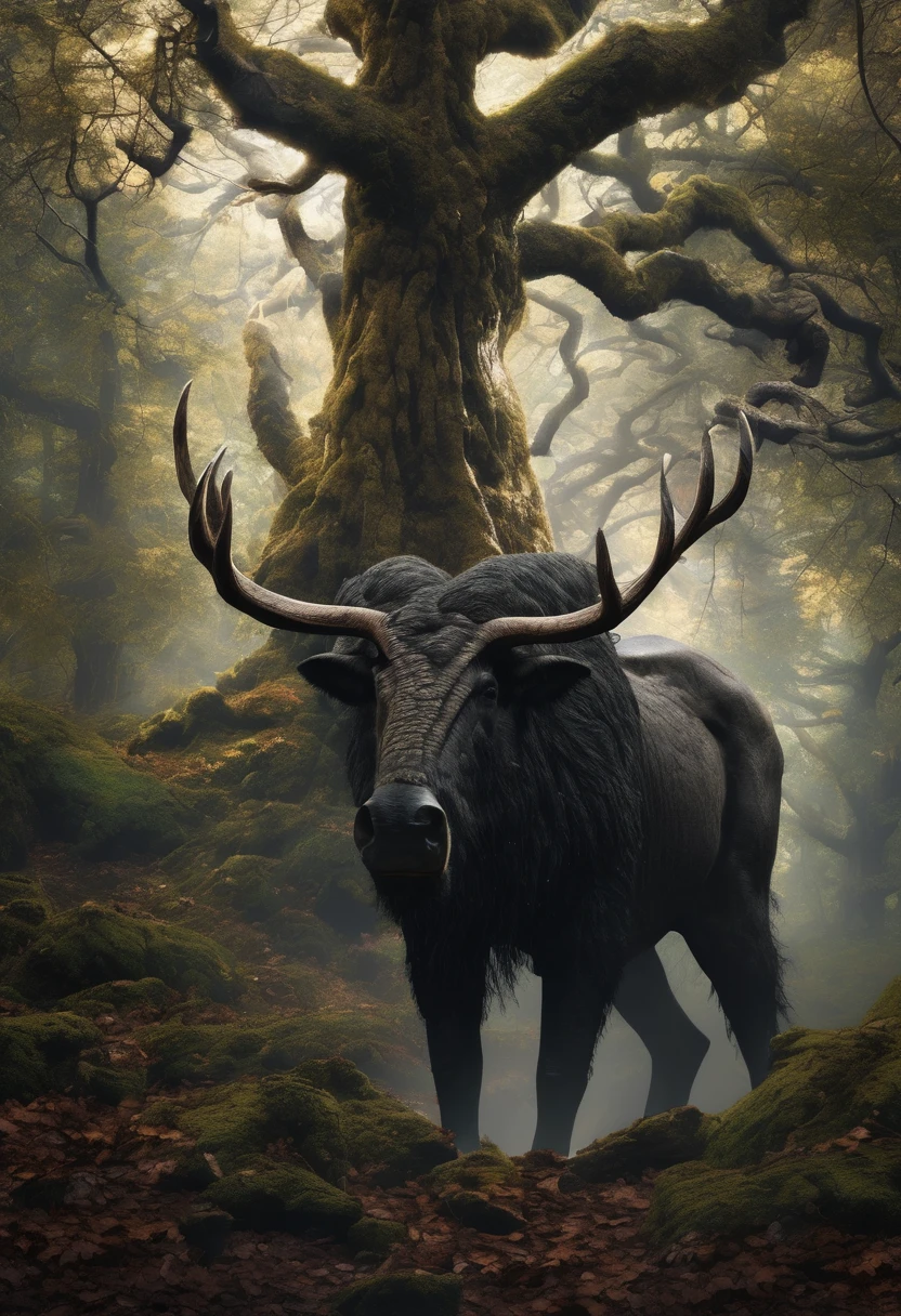 (Award-winning masterpiece:1.5), (incredible detail), (hyper realistic:1.4), (whole body:1.7), (dark forest), (moonless night), (dense darkness enveloping the forest), (tall, ancient trees like silent sentinels), (twisted branches forming shadows that come alive under faint starlight), (dramatic lighting), (intricate details:1.1)