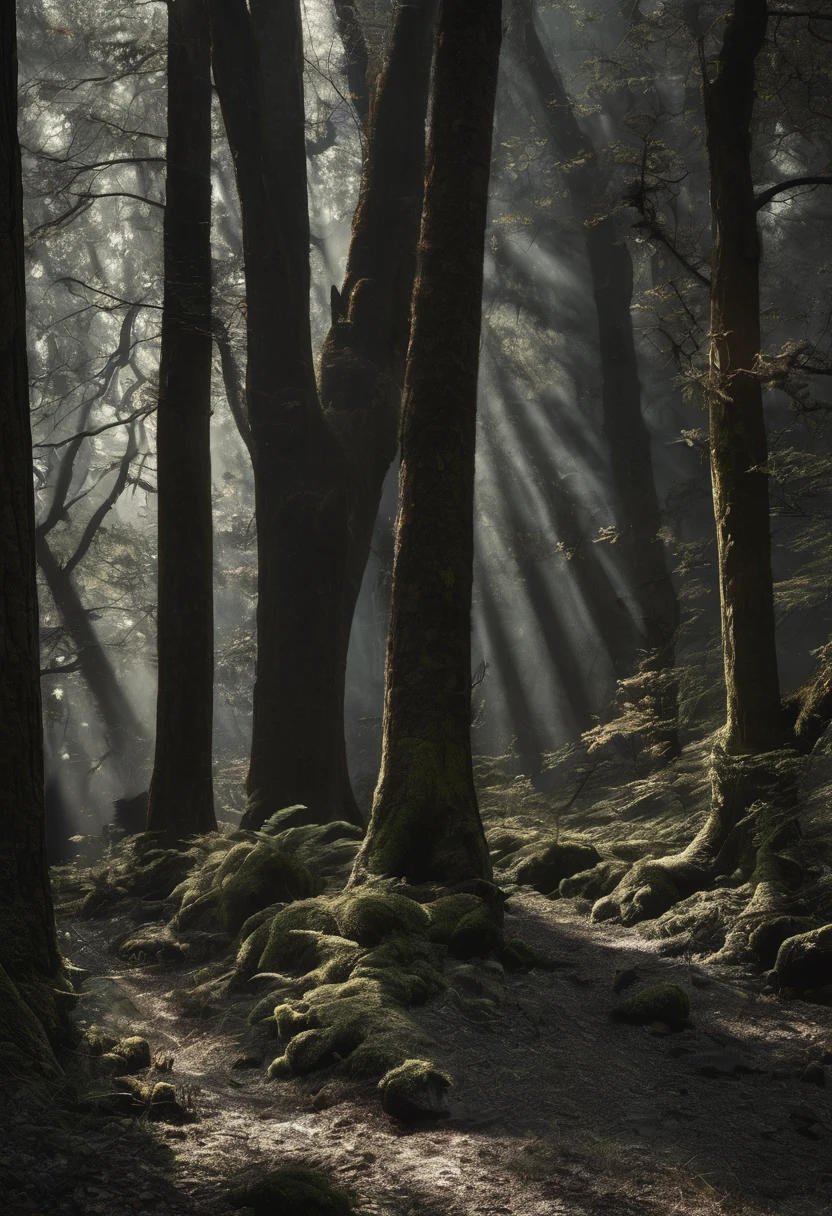 (Award-winning masterpiece:1.5), (incredible detail), (hyper realistic:1.4), (whole body:1.7), (dark forest), (moonless night), (dense darkness enveloping the forest), (tall, ancient trees like silent sentinels), (twisted branches forming shadows that come alive under faint starlight), (dramatic lighting), (intricate details:1.1)