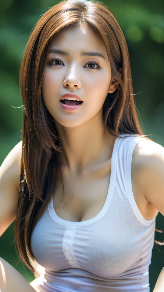 (detailed face),((crotch)),normal breasts,pretty,white sleeveless t-shirt,4k ,super high resolution ,(photo-realistic: 1.7), gray background,long hair,