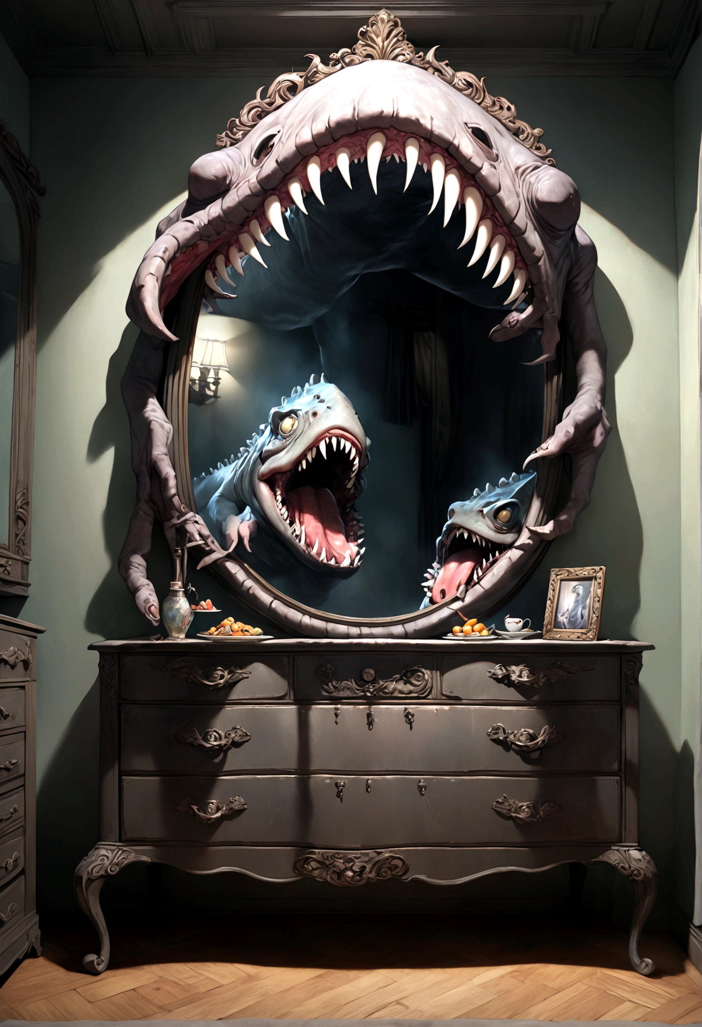 A mimic disguised as a dresser with mirror, monstrous features, licking giant maw, anticipating a meal, fantasy bedroom, (best quality,8k,highres,masterpiece:1.2),ultra-detailed,(realistic,photorealistic,photo-realistic:1.37),fantasy,horror,surreal,cinematic lighting,dark moody colors,dramatic shadows,intricate details,ornate dresser,distorted proportions,unsettling atmosphere,eerie presence,dreamlike,visceral,unnerving
