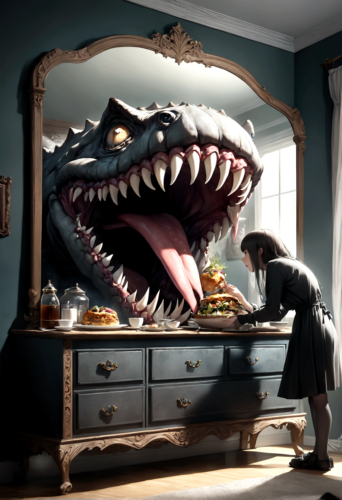 A mimic disguised as a dresser with mirror, monstrous features, licking giant maw, anticipating a meal, fantasy bedroom, (best quality,8k,highres,masterpiece:1.2),ultra-detailed,(realistic,photorealistic,photo-realistic:1.37),fantasy,horror,surreal,cinematic lighting,dark moody colors,dramatic shadows,intricate details,ornate dresser,distorted proportions,unsettling atmosphere,eerie presence,dreamlike,visceral,unnerving