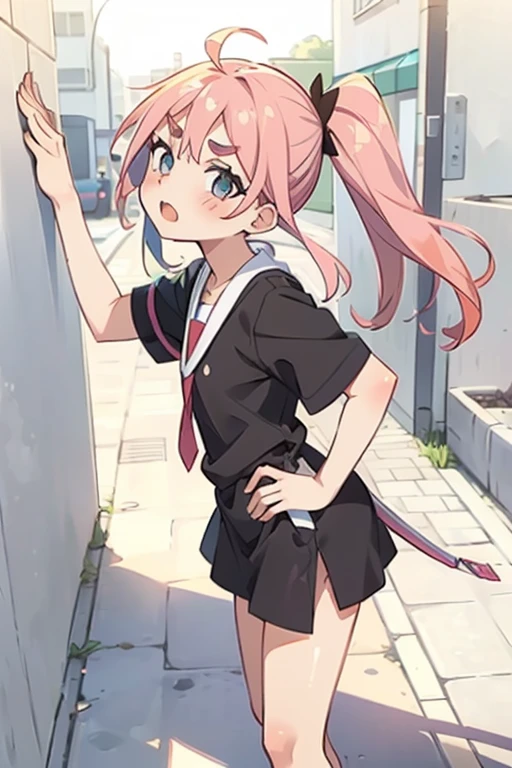 Girl with pink hair, long twin-tail hairstyle,((small bushy eyebrows)), naked, lolicon (Zankuro) drawing style by zankuro artist, ザンクロー style, image uploaded to R34, ((oldman raping  a girl in a street)) view from above, against a wall , facing to camera
