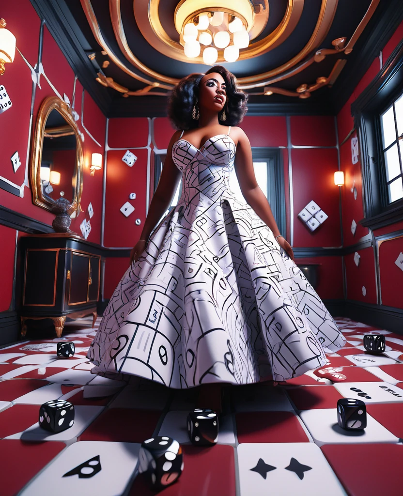 fish eye lens view from a low angle shot of a curvy Black woman in a beautiful dress standing in a dice designed room, with rolling dice designs on the walls, floor and ceilings, 32k ultra HD, unreal engine rendered, hyper-realistic image,