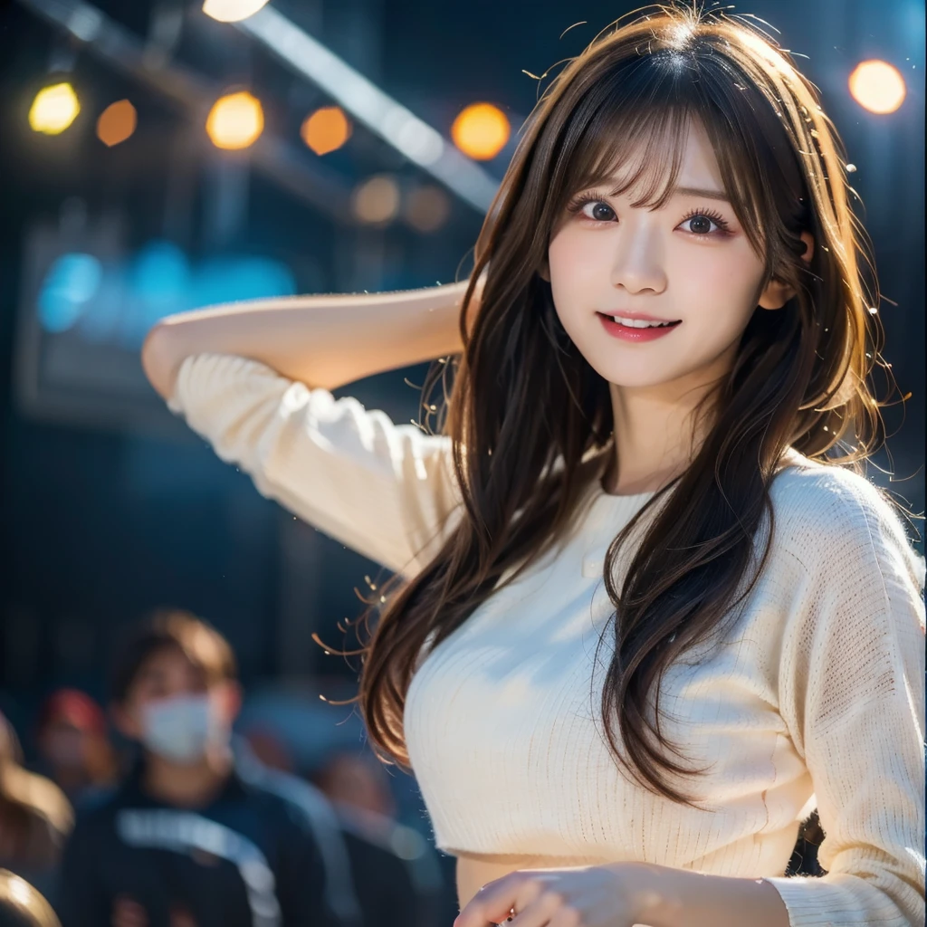 (RAW Photo, Best Quality), (Realistic, Photo Realistic: 1.3), Best Quality, Highly Detailed, Masterpiece, Ultra Detailed, 1 Japanese girl, upper_body, Dynamic Angle, Extremely Detailed CG Unified 8k Wallpaper, Ink, Amazing, Movie upper_body, World Mastery Theater, messy_long_hair, Best Quality, Extremely Detailed CG Unified 8k Wallpaper, Ink, Amazing, Movie Lights, lens_flare, Detailed Face, (Deliberate expression: 1.5), sony master shot, Japanese idol singing and dancing on stage, vivid idol costume, hi-res screenshot, nicovideo, normal hands, nice studio lighting, vhs screenshot, beautiful fine face