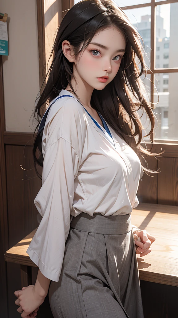 There is a beautiful woman. She is a stunning beauty, half French and half Japanese. Her face is incredibly beautiful, with beautiful blue eyes and beautiful straight long hair, which is bright blonde. Her facial expression is like a bully, frowning and puffing her cheeks, expressing her anger and dissatisfaction. Please dress her in a Japanese high , a sailor suit. The top is a white blouse, and the skirt is a gray sailor suit. The composition is a close-up from the chest up. The beautiful woman is facing straight ahead, crossing her arms under her chest, and is very angry, complaining. As for the story, the beautiful woman is in a situation where she is having a verbal fight. The background is a school classroom. Please express this.