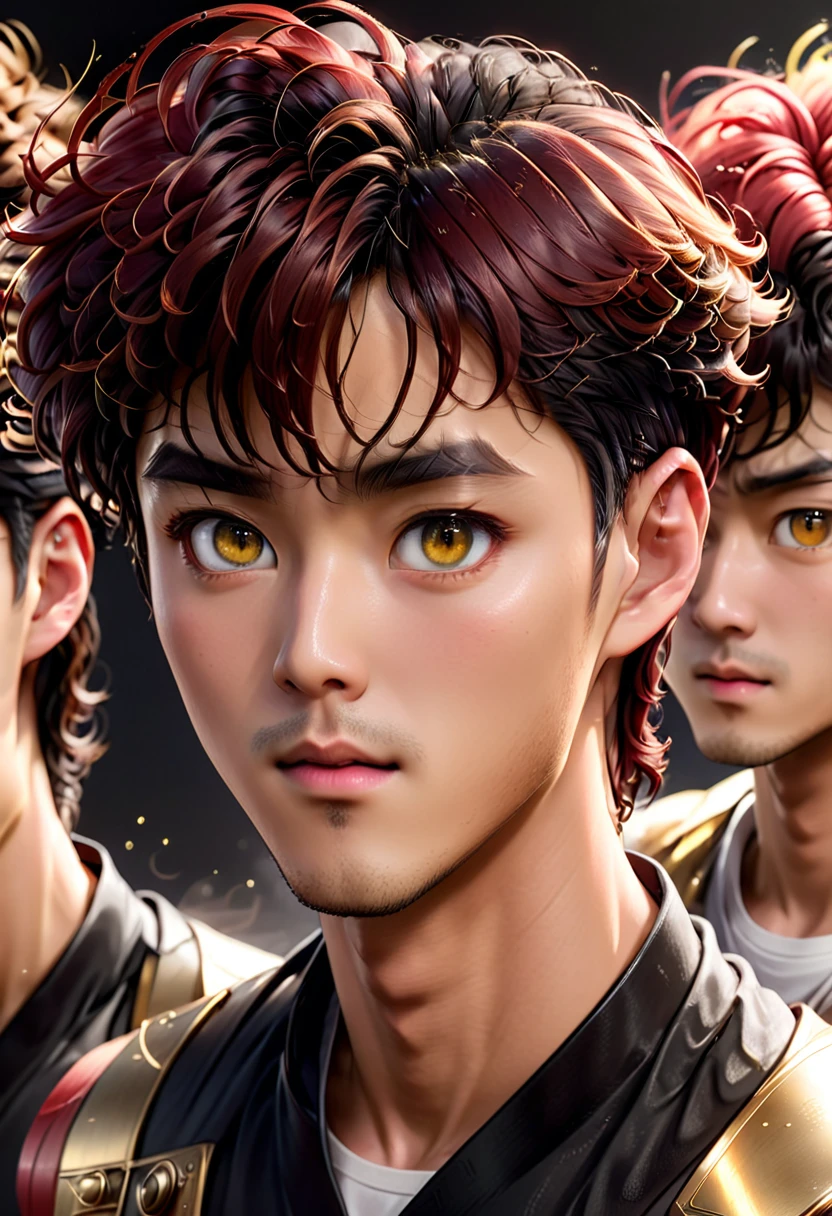 cinematic very 4k HD hIGH res depict a small group of korean guys witj a range of these looks tall lean very buffed korean guy with dark or medium naturally wavy red brown hair kinda angular angles sculpted look and face very light hazel or amberlike or even goldden honey colored eyes yellowish olive complexioned show guy with a variance of this type of looks