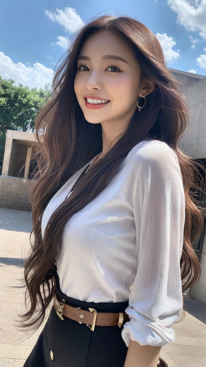 (8K, 超High resolution, 最high quality, High resolution, Awards, high quality, Attention to detail, Super detailed, Textured skin, Anatomically correct, masterpiece, Accurate, retina), Tall and pretty woman, Slim Abs, Dark brown hair styled in loose waves, Medium chest, Wearing a pendant, White see-through shirt, belt, Black Skirt, (Modern architecture in the background), Exquisite expression of facial and skin texture details、Detailed eyes, Laughter、