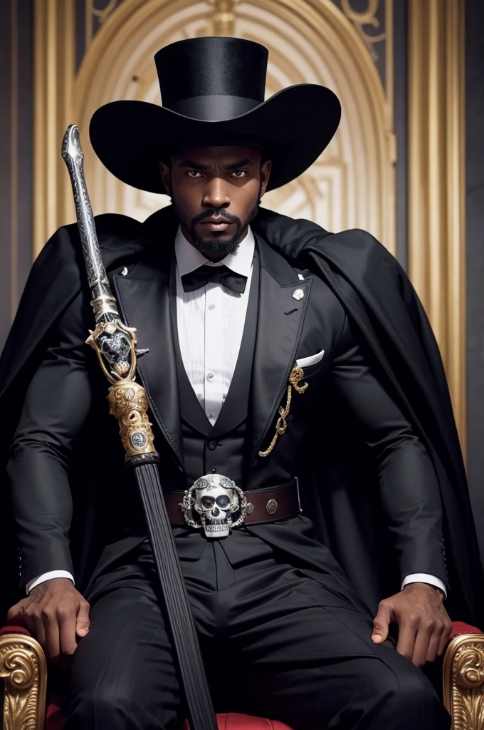 A black man.defined muscles.black cape.top hats.wearing no shirt.trident in hand.belt has a skull on the buckle.sitting in a throne