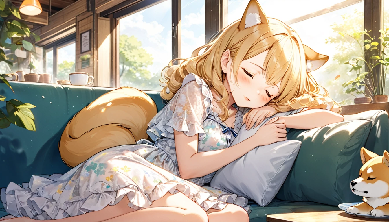 Japanese animation style、Digitally created illustration of an adult elf woman sleeping with her eyes closed on a sofa in a sunny coffee shop、She is wearing a frilly silk dress、Sleeping with her pet Shiba Inu、The Shiba Inu needs to sleep curled up next to her.、Relaxed facial expression、Long, loosely wavy blonde hair、Dappled sunlight coming through the window、The soft morning light shines in、Calm atmosphere、Detailed and clear drawing、Warm and gentle colors、Drawing from a top-down perspective