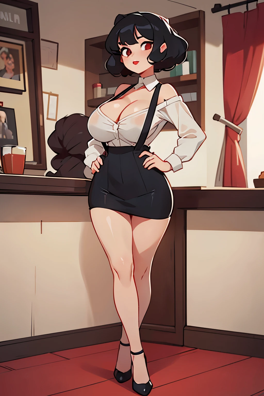 Cool beauty,Looks sweet,black bob curls hairstyle, (wearing oversized white shirt, off-shoulders, show cleavage), red lipstick, show big thigh, huge breast, full body photo, seductive pose, standing in front of the viewers, in a vintage cafe.