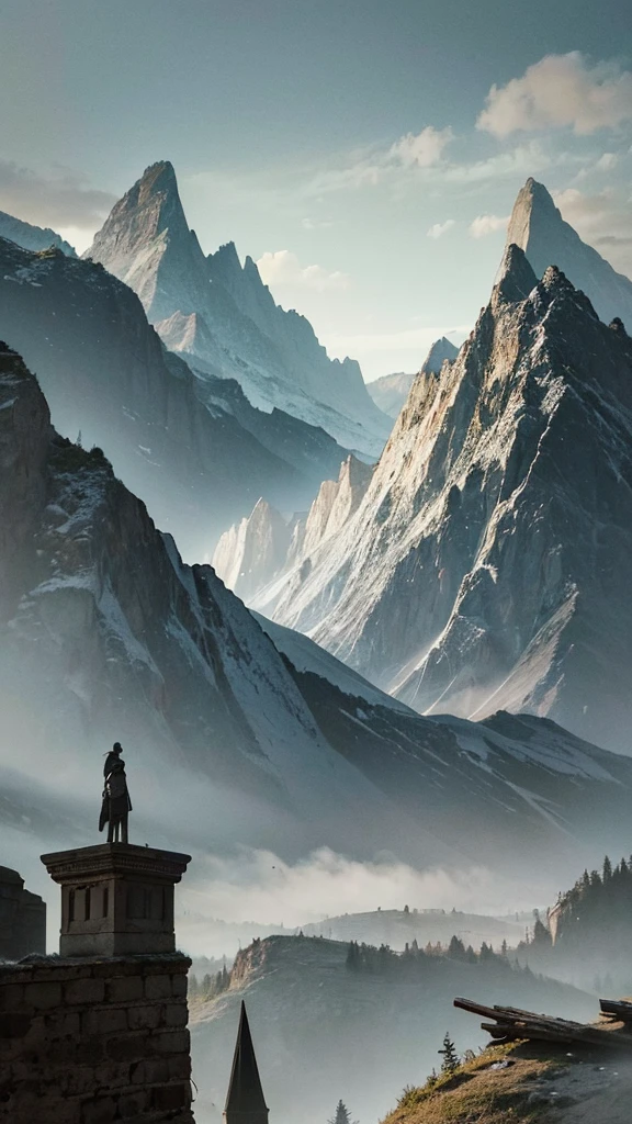 "Create a fantasy landscape with mountains as a dramatic backdrop. There were snow-covered mountain peaks under an overcast and gloomy sky. In the foreground, a scene of ruins and scattered pieces of wood was shown. In the center of the picture was a plain and worn sword with an old, tattered piece of cloth wrapped around the hilt. Standing upright on a pile of old and pristine books. The atmosphere should be dark and mysterious. It represents ancient legends and great adventures."