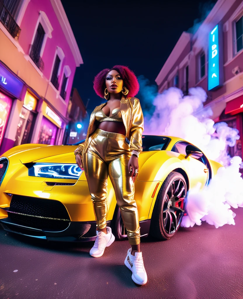 low angle shot through a fish eye lens of a black woman dressed in hiphop inspired clothes and sneakers, gold necklace and earrings, beautiful make up, standing in the middle of the street with a bugatti in the background drifting and creating smoke, beautiful and vibrant colours shining with iridescent light, music video inspired visuals.