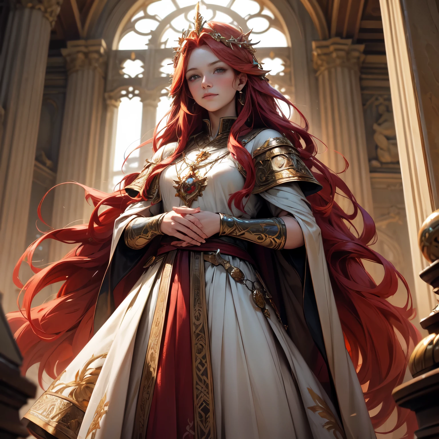 Create an 8K ultra HD digital image of a majestic red-haired Aasimar Druid from the Circle of Dreams, longos e ondulados, dressed in druidic regalia of royalty, in the castle's magic arts hall. The druid has green eyes and fair skin. He is dressed in a royal robe of red velvet with gold and silver trim., Adorned with magical jewels that glow softly. He wears a golden crown with precious stones, gold bracelets on her wrists and a magical amulet around her neck. In the hall of magical arts, the druid wields the Sword of Zeus. The sword is made of celestial gold and emits golden rays, with divine inscriptions along the blade that shine brightly. The hilt of the sword is adorned with small rays and lightning., symbolizing his supreme power. He holds the sword in a conjuring pose, while electric sparks dance around you. The Sword of Zeus is known for its ability to control thunder and lightning, and an aura of divine power emanates from her. The magic arts hall is full of old books, magic scrolls and alchemical instruments. Worktables covered with exotic ingredients and sparkling vials create an atmosphere of mystery and arcane power. Soft candlelight floats in the air, illuminating magical symbols engraved on the walls. The image must capture the mystique and magic of the room, highlighting the druid's interaction with the Sword of Zeus.