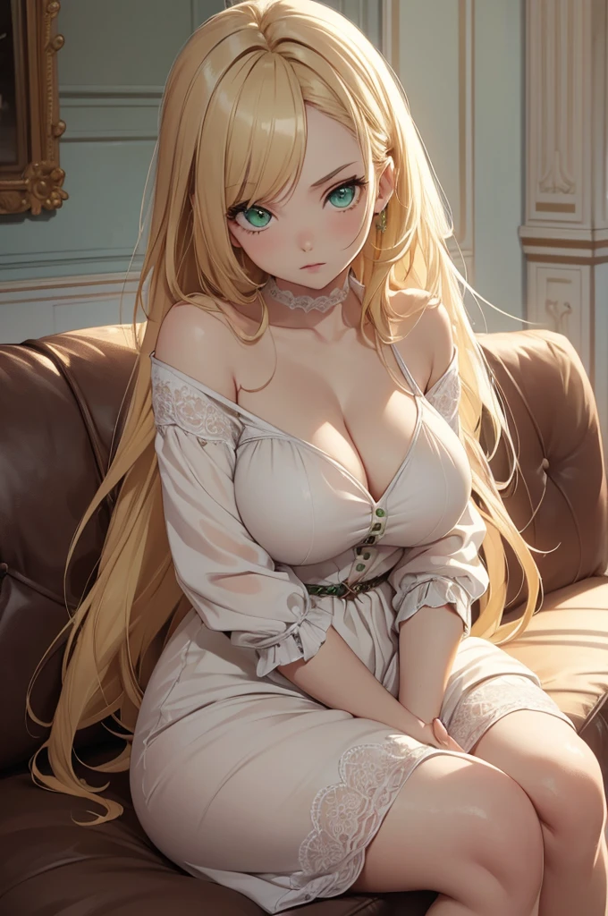 (8K, Best Quality, Masterpiece, Ultra High Resolution) 1 Girl, Short, Beautiful Eyes, Face Details, Long Blonde Hair, Green Eyes, Pale Skin, Casual Dress, Curvy Body, Large Bust, Sitting on Sofa Masterpiece, Best Quality, Upper Body, Looking at the Viewer, Close Up