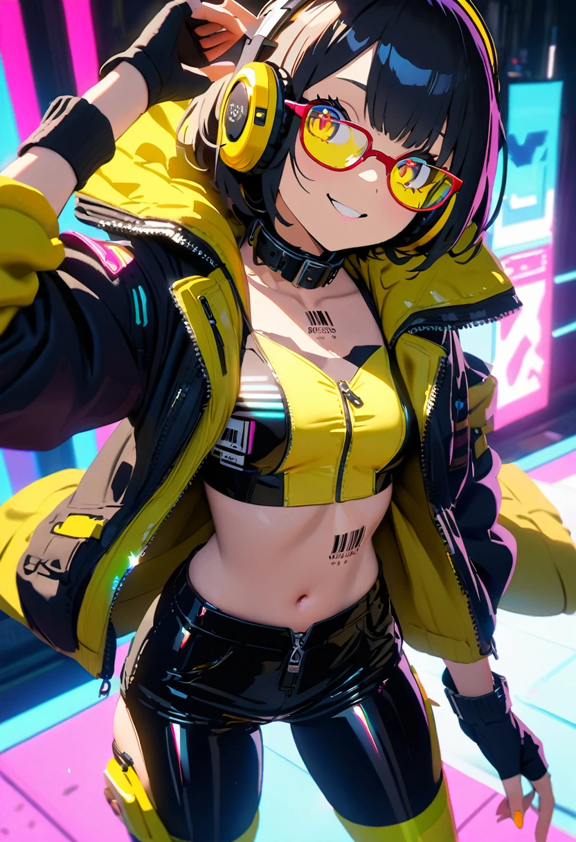 (extremely detailed fine touch:1.3), (hard light, light rays, dappled light, reflection, shadows, ray tracing:1.0), (2D:1.3), (kawaii girl: 1.3), (barcode tattoo: 1.3), super very black short hair,, highlight in eyes, smile, BREAK, (((yellow glasses:1.3))), underrim, (headphones:1.2), collar, skindentation, latex, zipper, gloves, fingerless gloves, navel, open clothes, neon, asian cyberpunk,