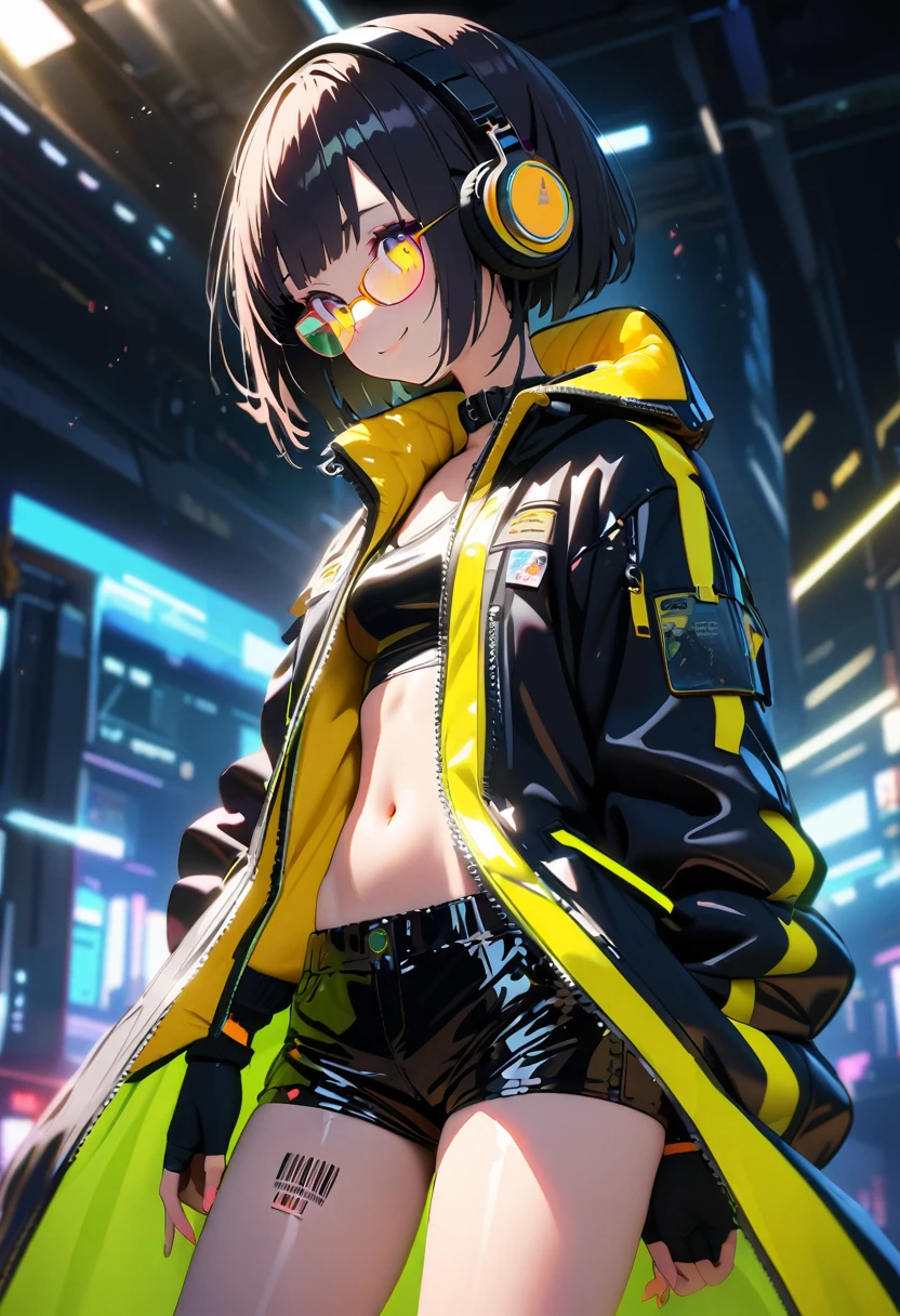 (extremely detailed fine touch:1.3), (hard light, light rays, dappled light, reflection, shadows, ray tracing:1.0), (2D:1.3), (kawaii girl: 1.3), (barcode tattoo: 1.3), super very black short hair,, highlight in eyes, smile, BREAK, (((yellow glasses:1.3))), underrim, (headphones:1.2), collar, skindentation, latex, zipper, gloves, fingerless gloves, navel, open clothes, neon, asian cyberpunk,