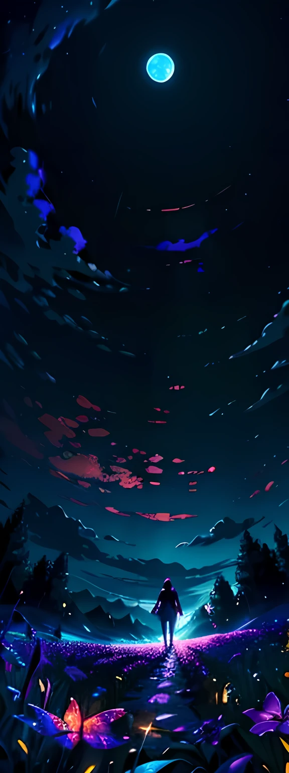 expansive landscape photograph , (a view from below that shows the sky above and the open countryside below), a girl standing in the flower field looking up, (fullmoon:1.2), ( shooting stars:0.9), (nebula:1.3), distant mountain, tree BREAK production art, (Warm Light Source:1.2), (firefly:1.2), light bulb, lot of purple and orange, details Intricate, BREAK Volumetric Lighting
(work of art:1.2), (best qualityer), 4K, ultra detali, (dynamic composition:1.4), highy detailed, colorful details,( Iridescent Colors:1.2), (Bright lighting, atmospheric lighting), Dreamers, magical, (standing alone:1.2)