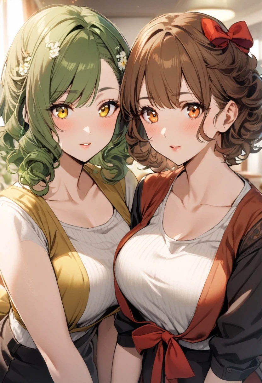 2 girl, girl (brown hair, orange eyes, red bow on hair, short hair, beautiful, mature), girl (curly hair, long hair, yellow eyes, green hair)
