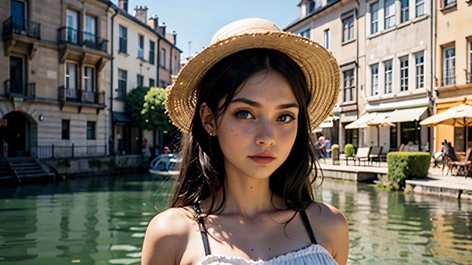 35mm film, solo, updo, makeup, blue eyes, , (white dress), green skirt, looking at viewer, epiCPhoto,focus on face, close to viewer, intricate lines, medieval houses, cobblestone path, (((urban lake))), Sun hat, sharp magnificent details, delicate features, elaborate details, beautiful girl, ((black hair)), (long hair) eighteen years old woman, ((upper body)) (Acne), ((natural lighting))
