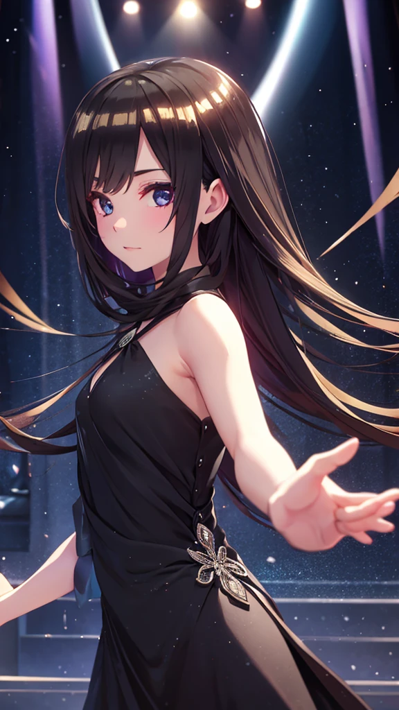 Reaching out to dance in a black gala dress 