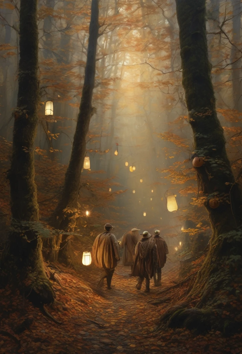 (Award-winning masterpiece:1.5), (incredible detail), (hyper realistic:1.4), (whole body:1.7), (four figures cautiously advancing through the forest), (lanterns creating small circles of flickering light), (uneven ground covered with dry leaves and exposed roots), (dark forest), (dramatic lighting), (intricate details:1.1)