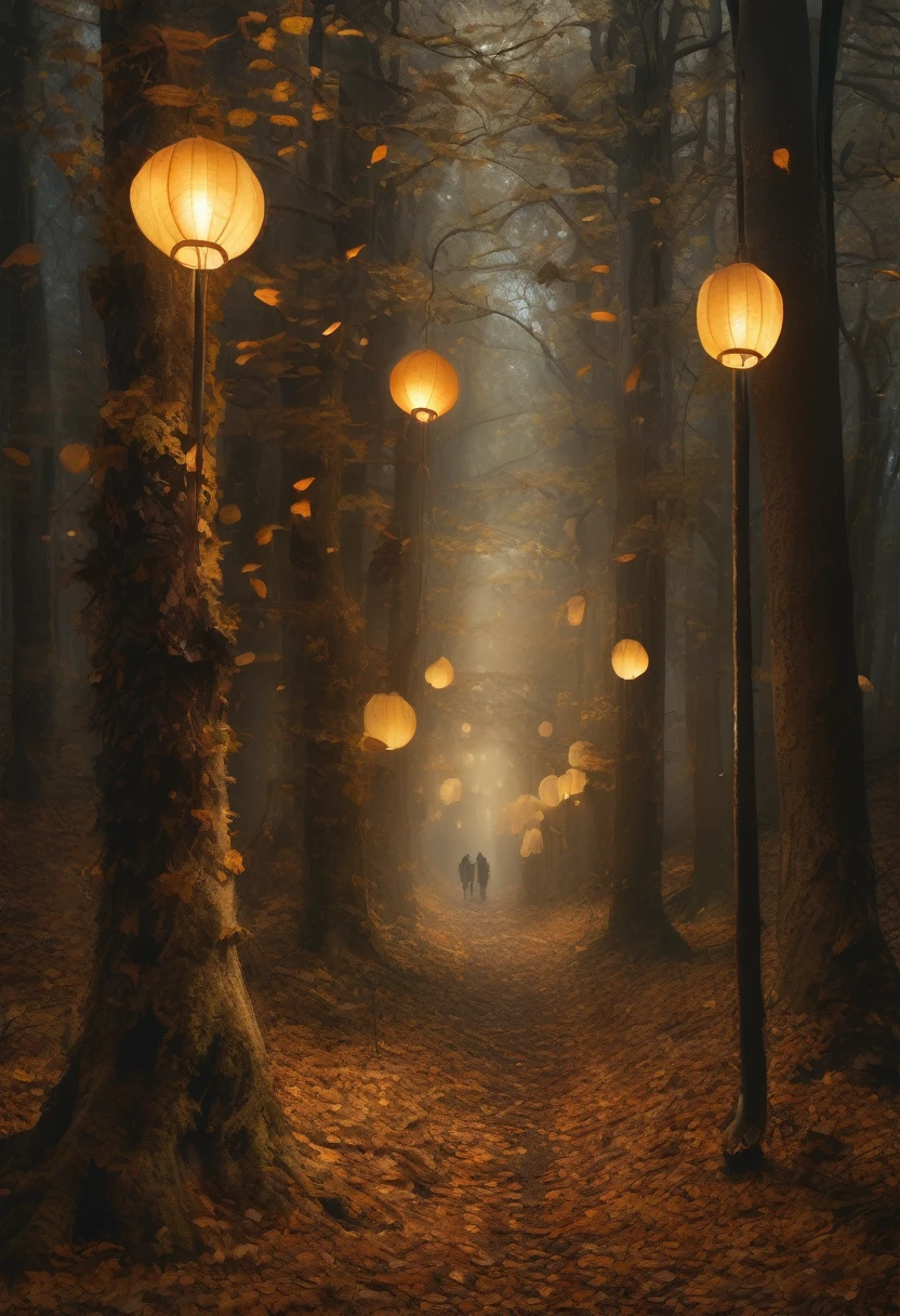 (Award-winning masterpiece:1.5), (incredible detail), (hyper realistic:1.4), (whole body:1.7), (four figures cautiously advancing through the forest), (lanterns creating small circles of flickering light), (uneven ground covered with dry leaves and exposed roots), (dark forest), (dramatic lighting), (intricate details:1.1)
