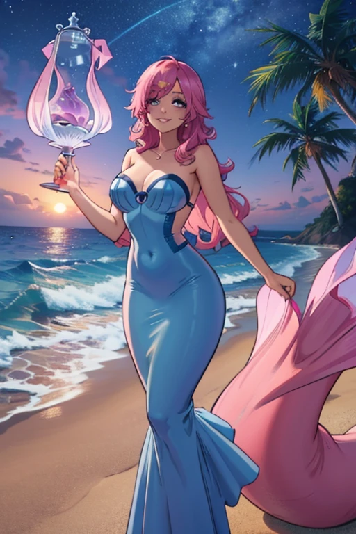 A pink haired female mermaid with violet eyes and an hourglass figure in a pink mermaid style gown is holding a seashell on a beach at night with a big smile