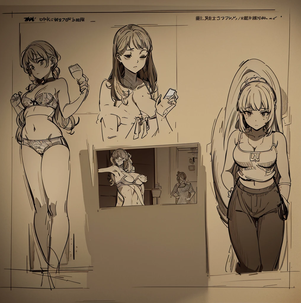 a few cartoon images of the same female character that i'm not sure what this is, a young girl touching her stomach and her breasts, a collection of sketches of several women, two pages show a woman in underwear next to another girl wearing a thongy panties