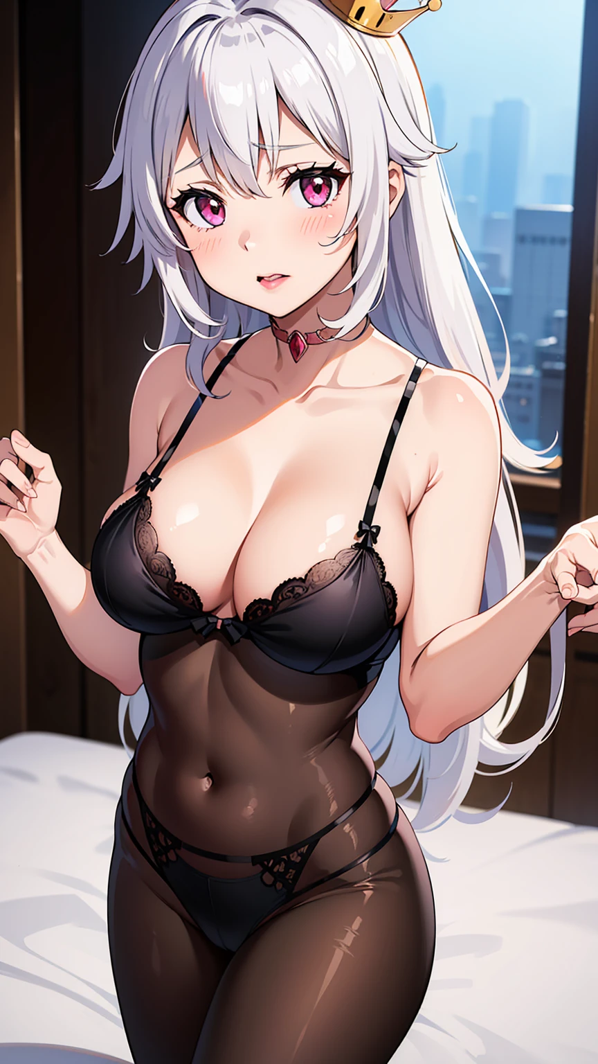 ((Best quality, 8k, Masterpiece :1.3)), Whole body, Sharp focus :1.2, A pretty woman with perfect figure :1.4, Slender abs :1.2, ((Dark brown hair, Big breasts :1.2)), (Night city view, Modern balcony :1.1), Highly detailed face and skin texture, Detailed eyes, Double eyelid, Small Bust, ((detailed white Tight Halter )), ((detailed clothing)), exposed cleavage, ((detailed mini panty)), ((detailed Black Pantyhose)), (No Panties), Interior Scene, ver light hair , super fine hand, fine finger ging, ((detailed pantyhose)), opened shirt show , naked, ((naked)), detailed , , punk girl, transparent, smiling , Long legs, detailed legs, fine legs, fair white skin、shiny white skin、bright silver long hair、light white long hair、、Beautiful eyes with random colors、Very thin lipeautiful eyes finely detailed、elongated eyes、pale pink blush、long eyelash、Beautiful double eyelids、eyeshadows、neckless、耳Nipple Ring、Beautiful eyes with random colors、very thin lips, finely detail、elongated eyes、pale pink blush、long eyeslashes、Smilling, Beautiful double eyelid、Lighting that emphasizes beautiful skin、Lustrous skin 2, ((Layered long hair)) , (detailed breasts ), Highly detailed face and skin texture, Detailed eyes, Double eyelid,