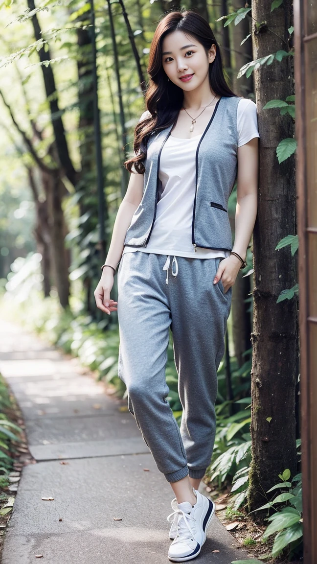masterpiece, best quality, Surreal, Ultra Detailed, 8k resolution, RAW photos, Clear focus,Beautiful Korean woman, 36 inch chest size, Smile, Wearing a patterned vest, necklace,Long sweatpants,Full body posture, White shoes,Solitary, Perfect body, Become a,(a charming smile:1), (sexy pose),(standing pose) ,(A girl in the forest),