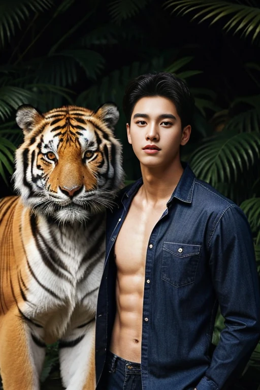 A guy, young, handsome, shirt open, nice slender body, next to a white huge tiger, amazing and beautiful eyes, blurry dark floral background 
