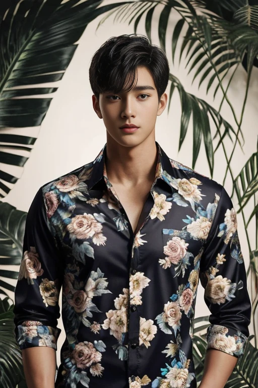 A guy, young, handsome, shirt open, nice slender body, next to a white huge tiger, amazing and beautiful eyes, blurry dark floral background 