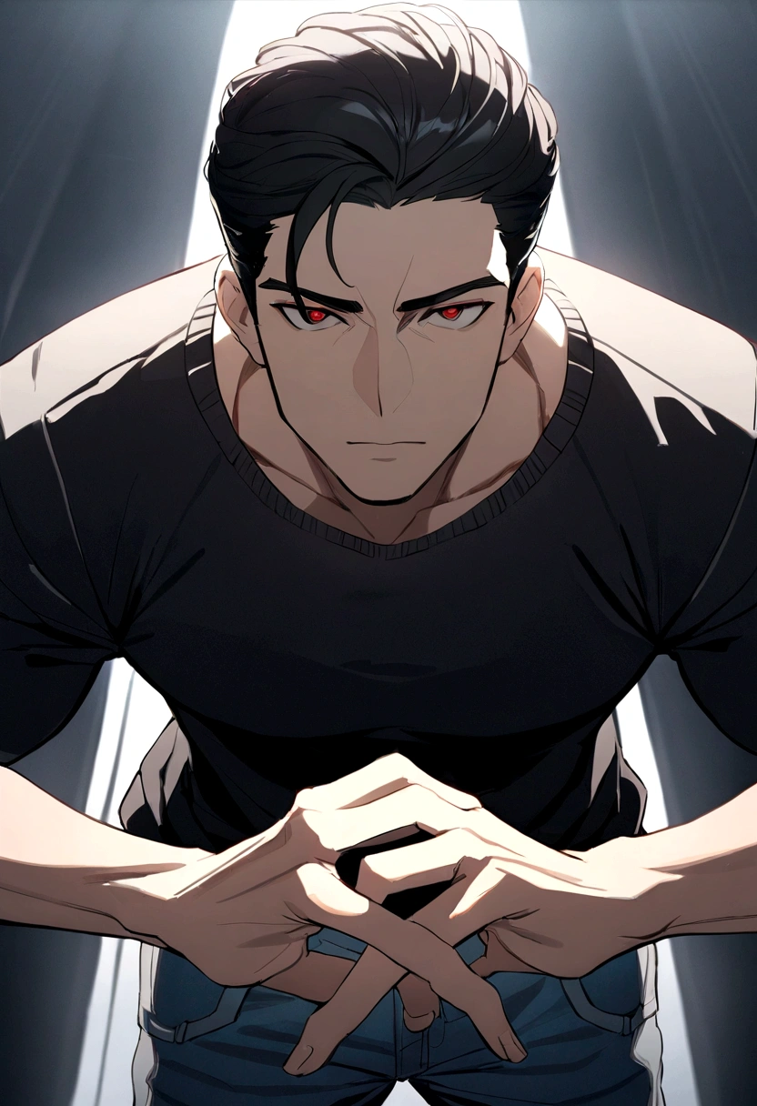 INS style, Clean Style, Perfect headshot, a handsome guy, Black Hair, Short Hairstyles, masterpiece, Hopeful Eyes, black sweater and long jeans, Hiking shoes, Perfect hands and fingers, Standing pose, Tall Man, Adult man, Sharp eyes, An athletic body