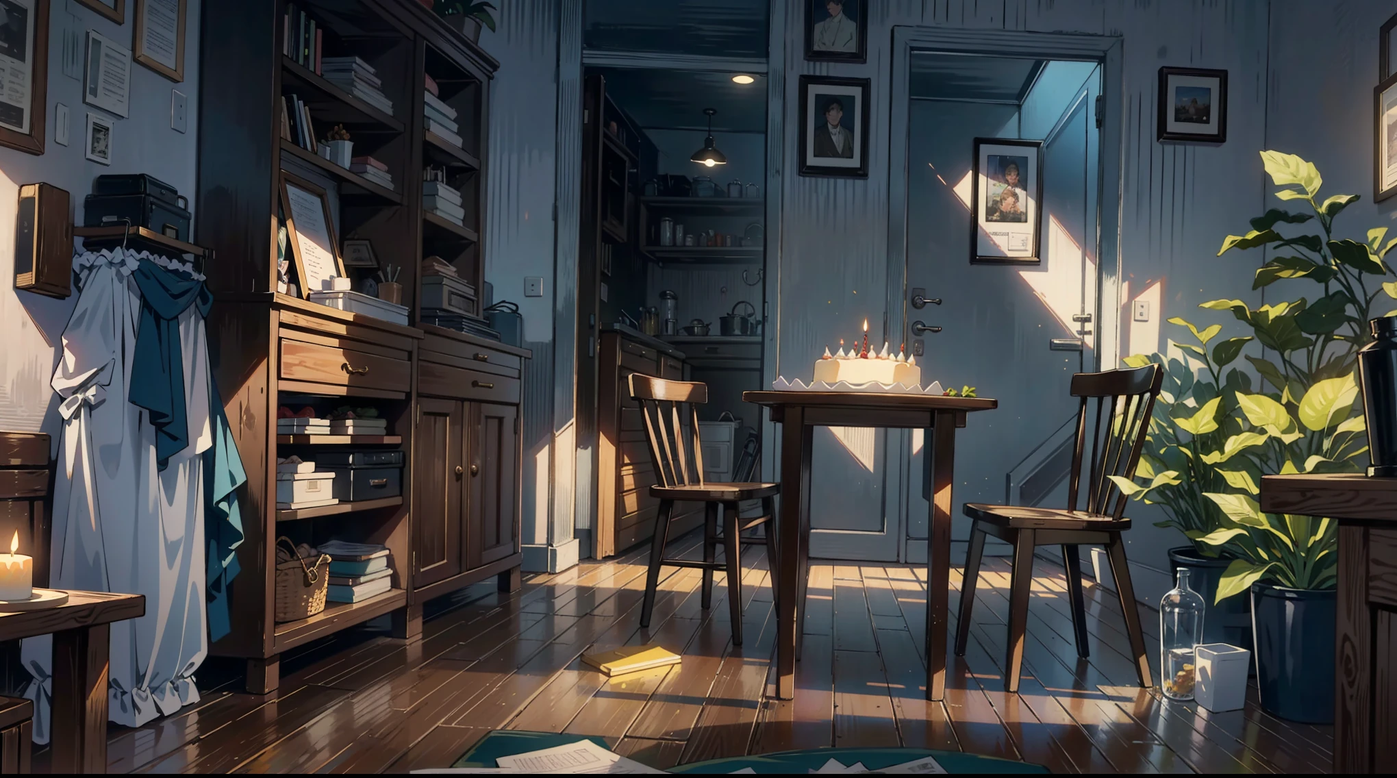 (best quality,masterpiece:1.2,detailed details,4k),A dim old apartment, a small birthday cake on an old wooden table, a modern apartment, an alarm clock on the wall, an anime scene,the wooden floor,