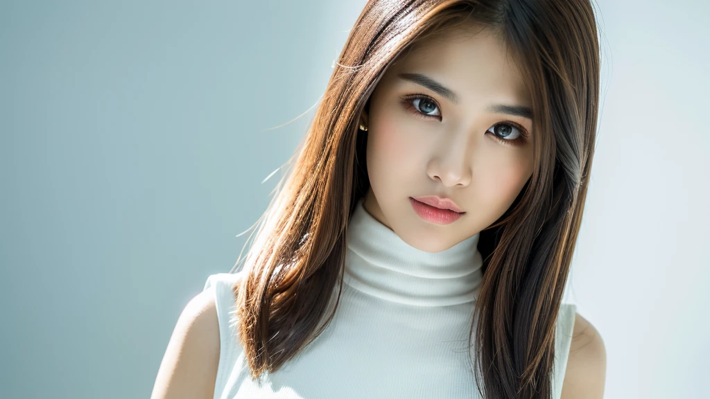 (detailed face),VIVID,normal breasts,pretty,sleeveless and turtle neck white silky clothes,4k ,super high resolution ,(photo-realistic: 1.7),white background,long hair,stairs,