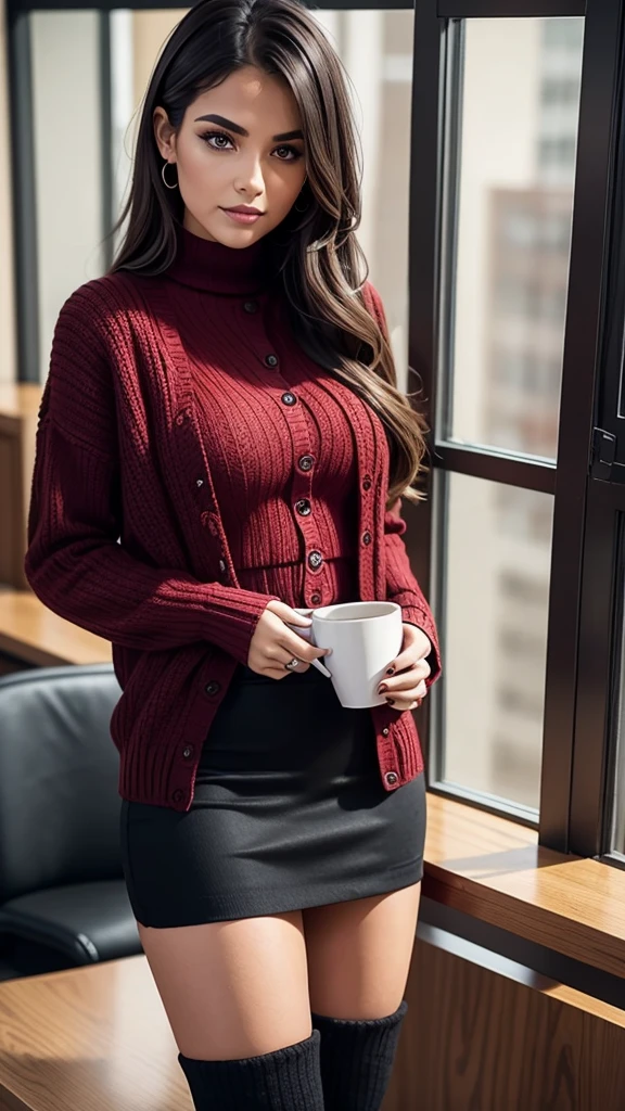 Indoors, portrait, a 25-year-old woman holding a coffee cup, black cropped knitted cardigan, arm:1, dark red narrow skirt with black plaid pattern, black knee-high suede boots, standing next to an office window