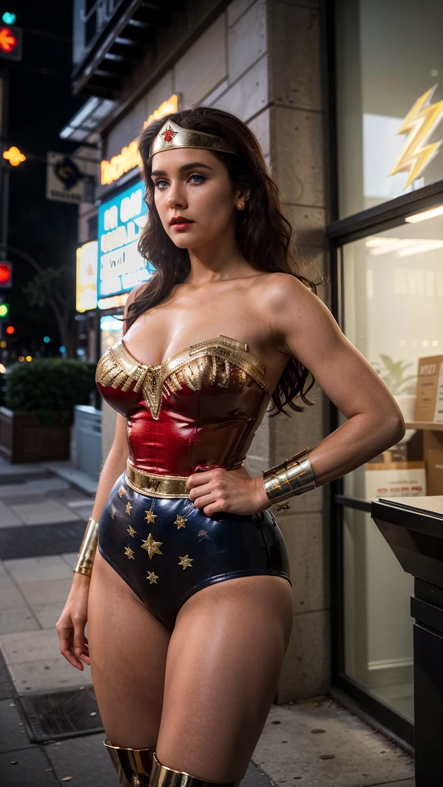 Masterpiece, Best quality, (Solo), (1girl), (photorealistic1.4), (epiCRealLife:1.0), (show large breasts), (show cleavage)),, (European model),, (JenniferConnelly90). (Wonderwoman768 ), (lynda-carter-ww-costume), (black hair), (blue eyes), (latex bodysuit),, (Wonderwoman768 tiara), ((armored bands), (red lipstick), , (spotlight), (night time), (at night), (flash photography), (on New York Street), (earring), (tiera), (demure),