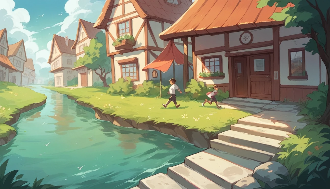 A view of a town with a river running through it, countryside city scene