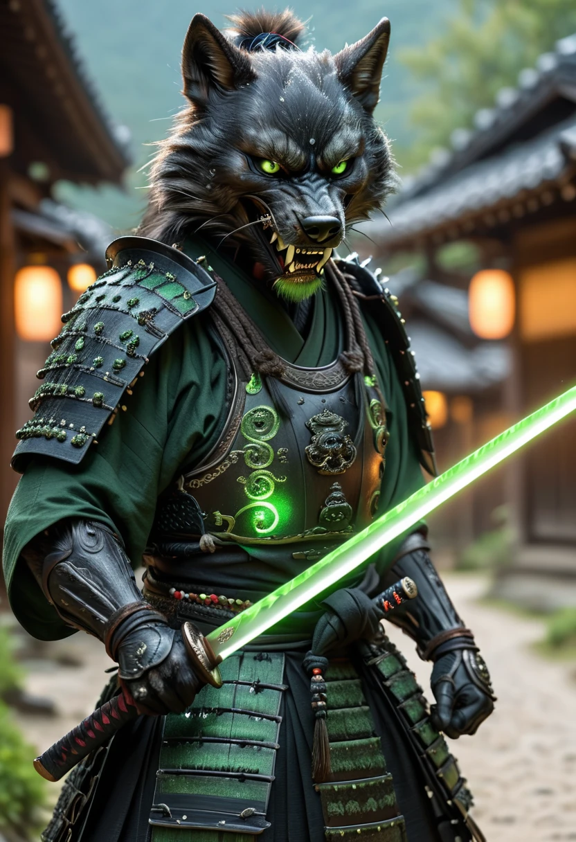 action photo, realistic digital photo, Angry anthropomorphic black wolf samurai pulls out a glowing magic katana from the sheath, black with green wooden armor, Samurai Pearls, brown daemon samurai mask, standing in an ancient Japanese village, ultra HD, 8K, insane details, 