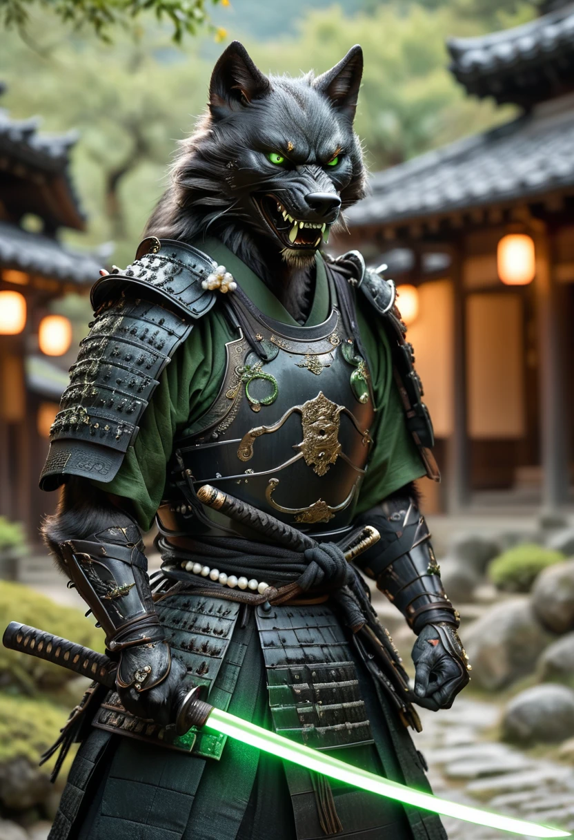 action photo, realistic digital photo, Angry anthropomorphic black wolf samurai pulls out a glowing magic katana from the sheath, black with green wooden armor, Samurai Pearls, brown daemon samurai mask, standing in an ancient Japanese village, ultra HD, 8K, insane details, 