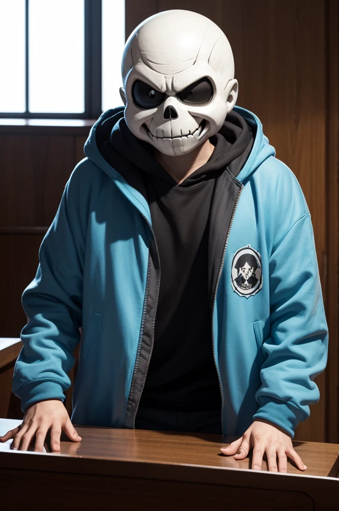 Sans from Undertale in a courtroom with strong sunlight, dark and black eyes right hand raised, facing straight